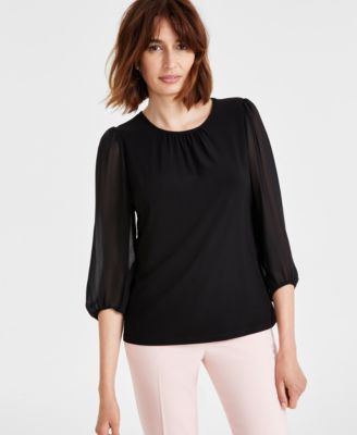 Kasper - Petite Solid Shirred-Neck Sheer-Sleeve Blouse