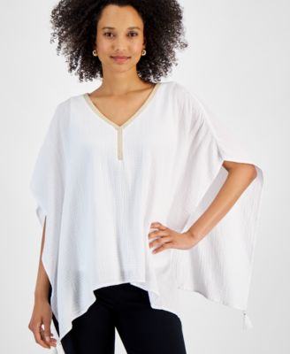 JM Collection - Women's Embellished-Neck Gauze Poincho