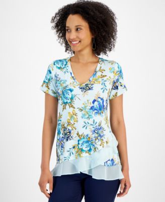 JM Collection - Petite Garden Statement Ruffled-Hem Top