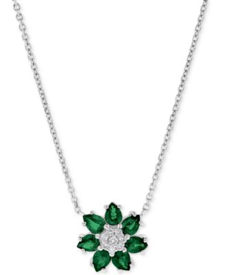 Macy's - Emerald (1-1/20 ct. t.w.) & Diamond (1/20 ct. t.w.) Flower 16" Pendant Necklace in 14k White Gold (Also in Sapphire)