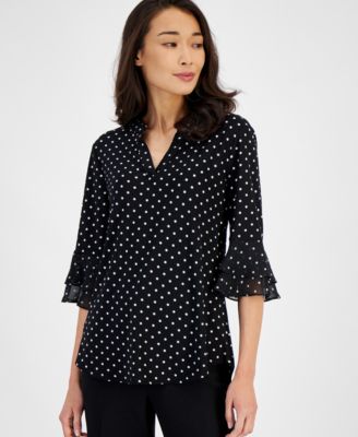 Kasper - Women's Split-Neck Polka-Dot Flutter-Sleeve Top
