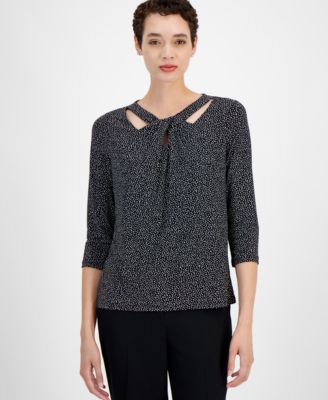 Kasper - Women's Leaf-Print Twisted-Neck Top