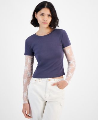 Hippie Rose - Juniors' Crewneck Long-Lace-Sleeve T-Shirt