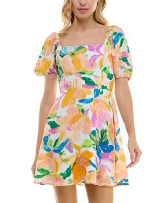 As U Wish - Juniors' Puffed-Sleeve Floral-Print Smocked-Back Dress