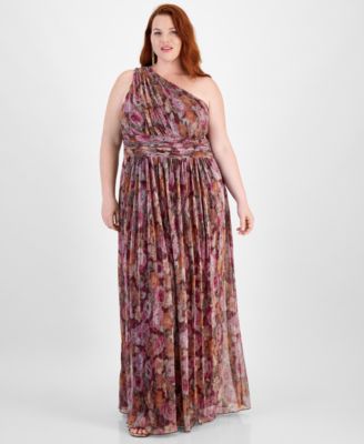 B Darlin - Trendy Plus Size Printed One-Shoulder Gown