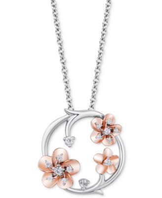 Disney Enchanted Vault - Diamond Mulan Flower Pendant Necklace (1/10 ct. t.w.) in Sterling Silver & Rose Gold-Plate, 16" + 2" extender