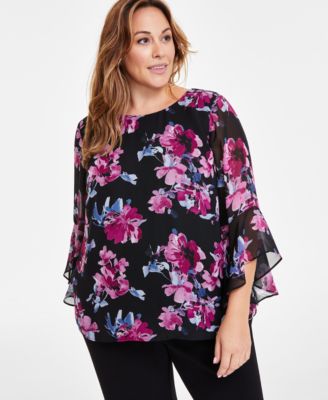 Kasper - Plus Size Printed Ruffled-Cuff 3/4-Sleeve Blouse