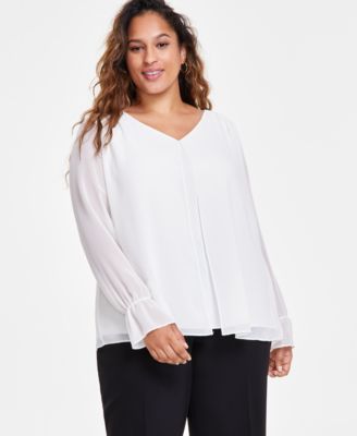 Kasper - Plus Size Double-Layer Sheer-Sleeve V-Neck Blouse