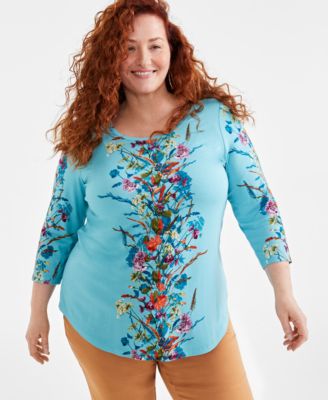 JM Collection - Plus Size Floral-Print Scoop-Neck Top, Created for Macy's