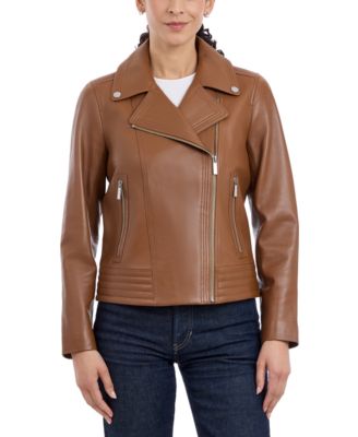Michael Kors - Petite Asymmetric Leather Moto Coat