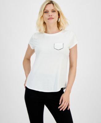 I.N.C. International Concepts - Petite Cotton Embellished-Pocket T-Shirt