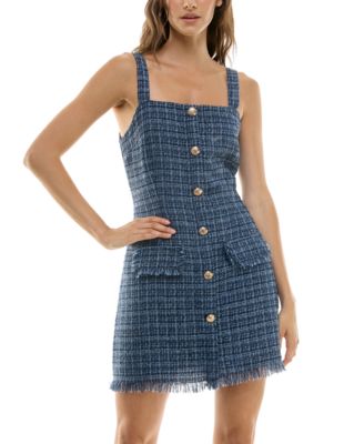 Trixxi - Juniors' Straight-Neck Sleeveless Fringe-Trim Tweed Dress