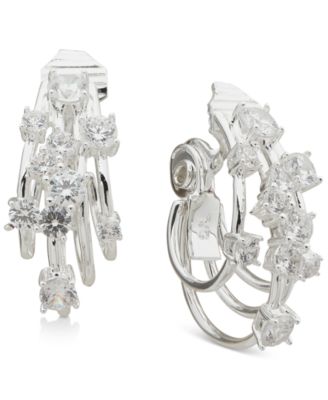 Anne Klein - Silver-Tone Cubic Zirconia Cluster Multi-Row Clip-On Hoop Earrings