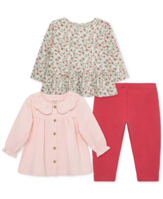 Little Me - Baby Girls 3-Pc. Solid Collared Top, Rose Print Top & Solid Ribbed Leggings