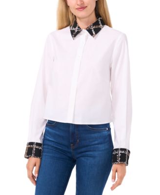 CeCe - Women's Tweed-Trim Button-Front Mixed-Media Blouse