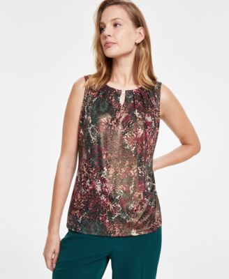 Kasper - Petite Printed Keyhole Crewneck Sleeveless Top