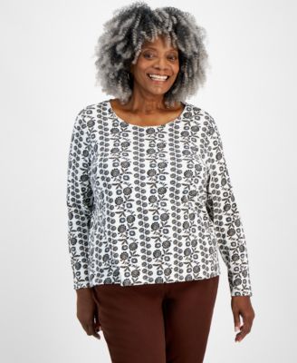 Style & Co - Plus Size Printed Scoop-Neck Long-Sleeve Top