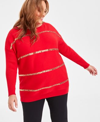 JM Collection - Plus Size Sequin-Stripe Boat-Neck Sweate