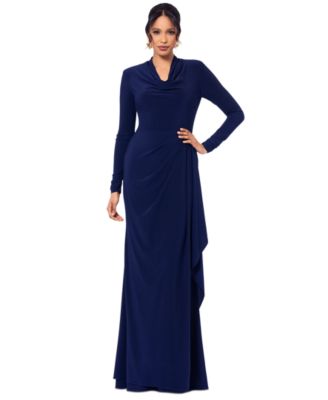 Betsy & Adam - Women's Cowlneck Draped Long-Sleeve Gown