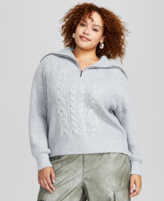 And Now This - Trendy Plus Size Zip-Collar Sweater