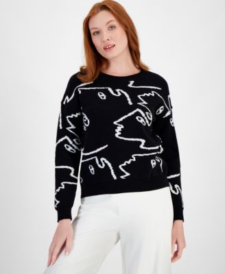 T Tahari - Women's Face-Graphic Crewneck Long-Sleeve Sweater