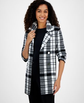 Kasper - Women's Plaid Faux-Button Cardigan