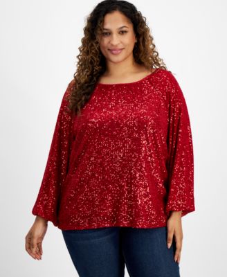 JM Collection - Plus Size Boat-Neck Gathered Sequin Long-Sleeve Top