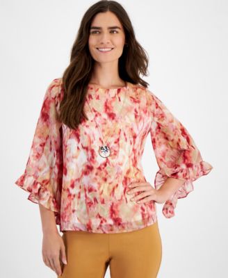 JM Collection - Petite Printed Ruffled Necklace Top