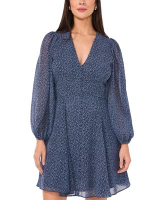 1.STATE - Women's Printed Long-Sleeve V-Neck Mini Dress