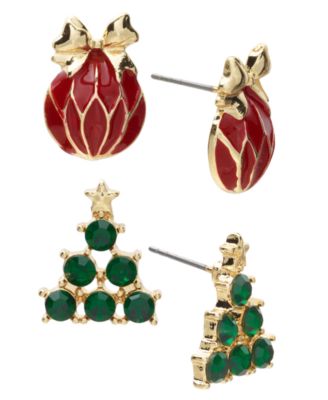 Holiday Lane - Gold-Tone 2-Pc. Set Red Ornament & Green Pav&eacute; Tree Stud Earrings