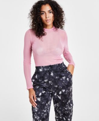 Bar III - Women's Long-Sleeve Shiny Mesh Mock-Neck Top