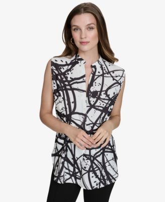 Halston - Women's Printed Mandarin-Collar Long Top