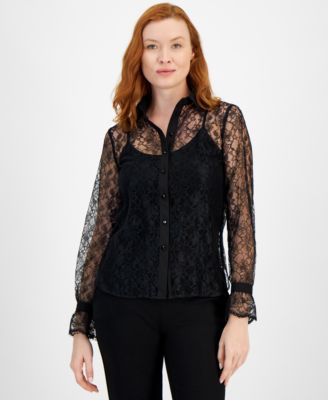 Anne Klein - Women's Long-Sleeve Button-Front Lace Shirt