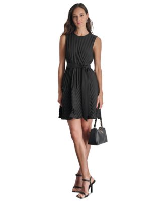 DKNY - Women's Jewel-Neck Sleeveless Tie-Waist Pleated Dress