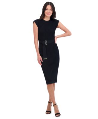 Vince Camuto - Petite Round-Neck Belted Short-Sleeve Dress