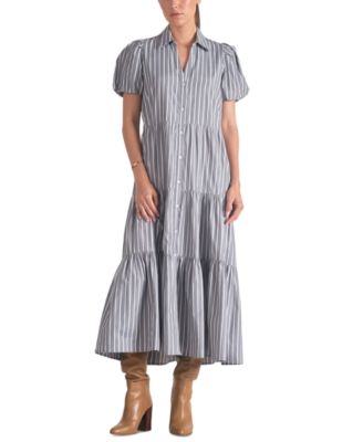 Elan - Women's Poplin Striped Button-Front Puff-Sleeve Dress