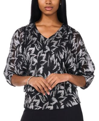 MSK - Petite Printed Metallic V-Neck Blouson Top