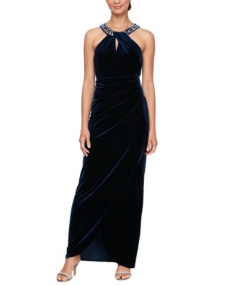 SL Fashions - Women's Embellished-Neck Pleat-Waist Velvet Gown