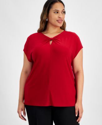 Kasper - Plus Size Front-Keyhole Short-Sleeve Top