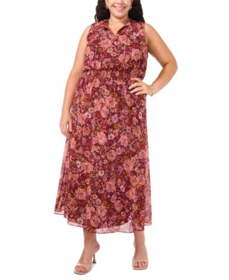 MSK - Plus Size Floral Chiffon Smocked-Waist Tie-Neck Dress
