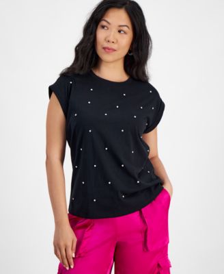 I.N.C. International Concepts - Petite Embellished Roll-Sleeve Top
