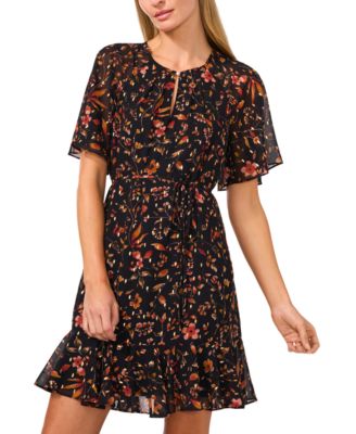 CeCe - Women's Raglan Flutter-Sleeve Tie-Waist Dress