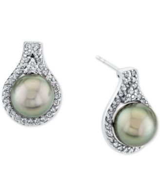 Macy's - Cultured Tahitian Pearl (9mm) & Diamond (5/8 ct. t.w.) Stud Earrings in 14k White Gold