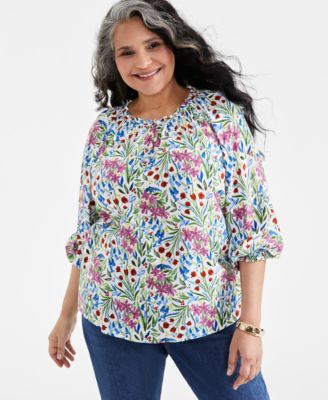 Style & Co - Plus Size Tulip Dance Printed Blouson-Sleeve Blouse, Created for Macy's