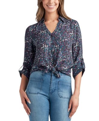 BCX - Juniors' Printed Button-Front Tie-Hem Roll-Tab-Sleeve Top