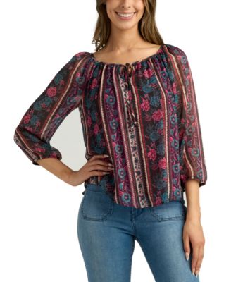 BCX - Juniors' Printed Round-Neck 3/4-Sleeve Peasant Blouse