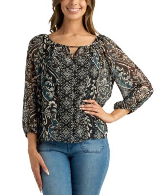 BCX - Juniors' Printed Keyhole-Neck 3/4-Sleeve Blouse