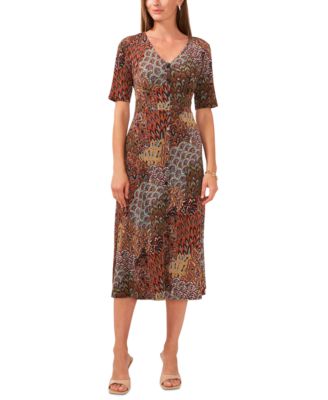 MSK - Petite Printed Button-Front Midi Dress