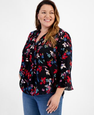 Style & Co - Plus Size Printed V-Neck Pintuck 3/4-Sleeve Top