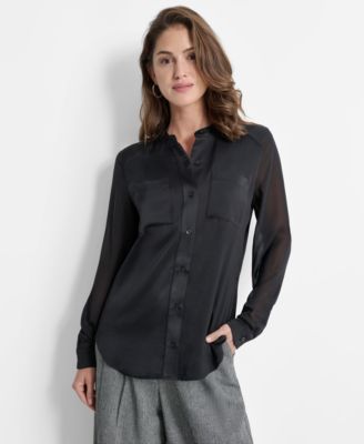 DKNY - Women's Chiffon-Sleeve Button-Front Satin Blouse